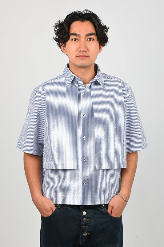 KATALYST 'Box' Blouse in Blue/White Seersucker Stripe