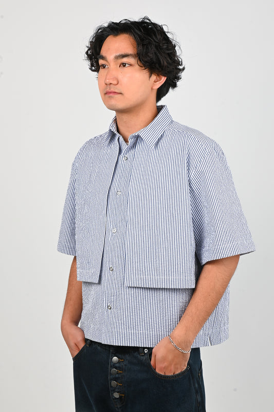 KATALYST 'Box' Blouse in Blue/White Seersucker Stripe