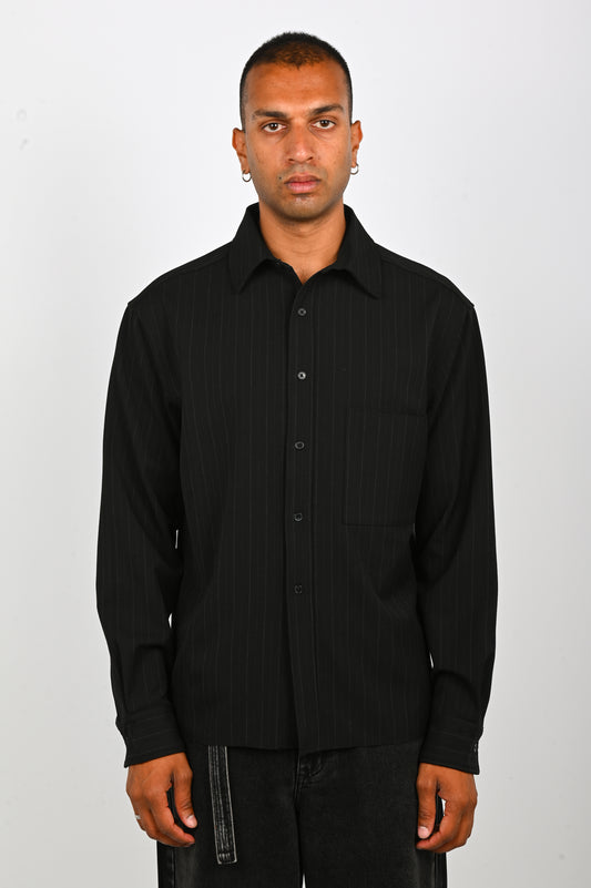 Beach Brains 'Hold' LS Shirt in Black Pinstripe