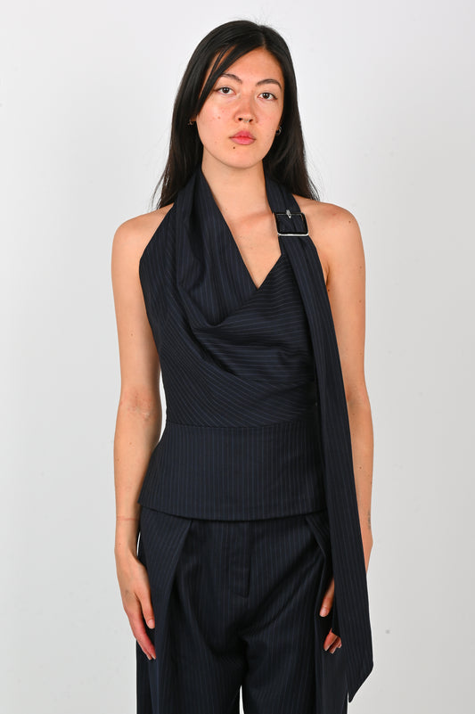 Wynn Hamlyn 'Catherine' Buckle Top in Navy Pinstripe