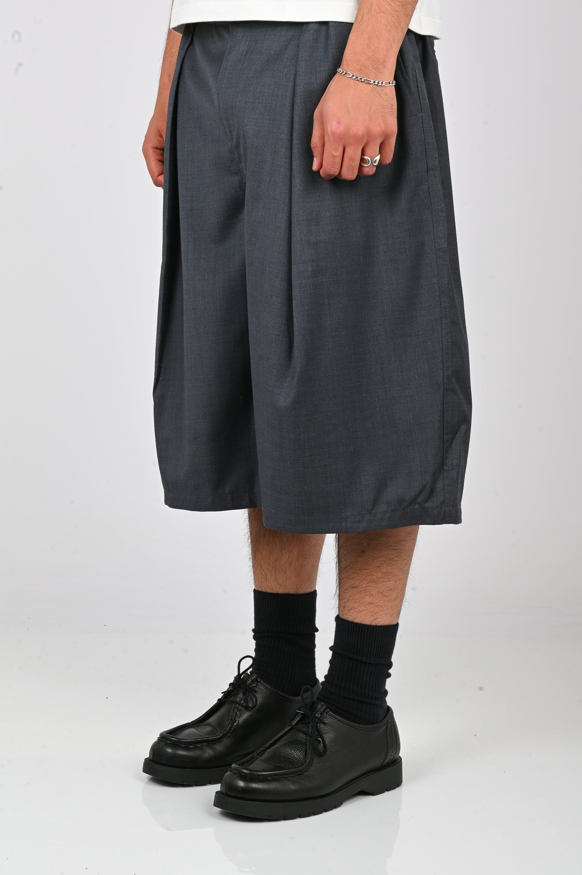 Checks 'Hakama' Shorts in Charcoal Wool