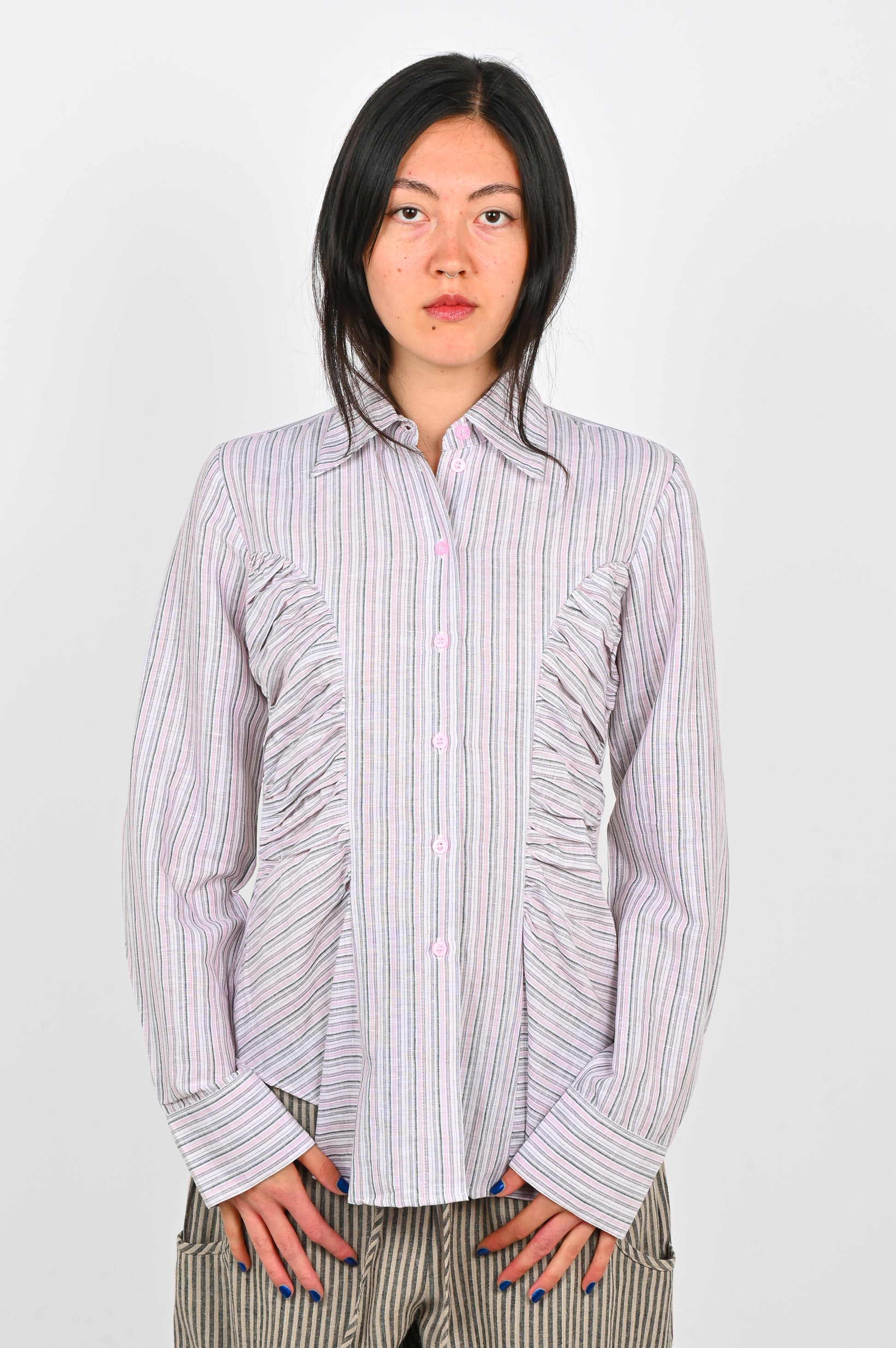 Arthur Ruffle Blouse in Pink Stripe