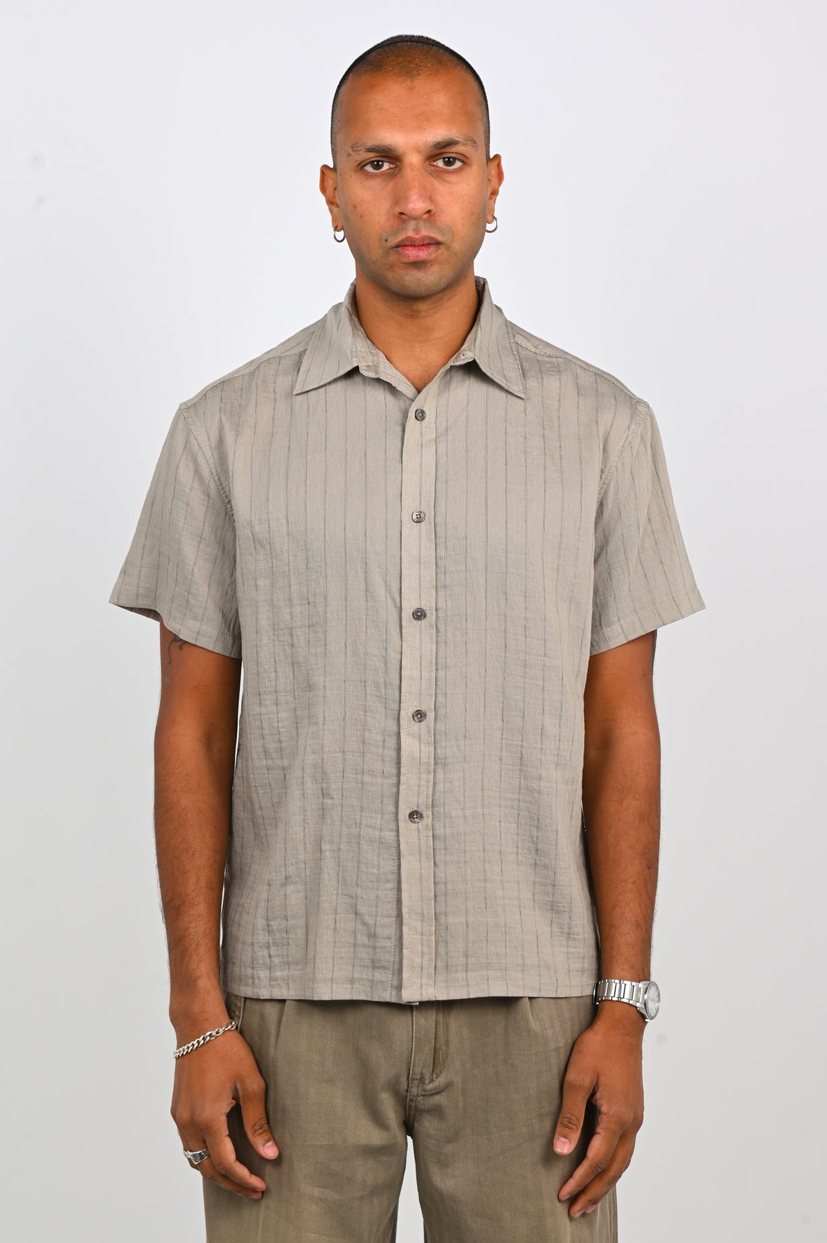 Beach Brains 'Hold' SS Shirt in Greige Stripe