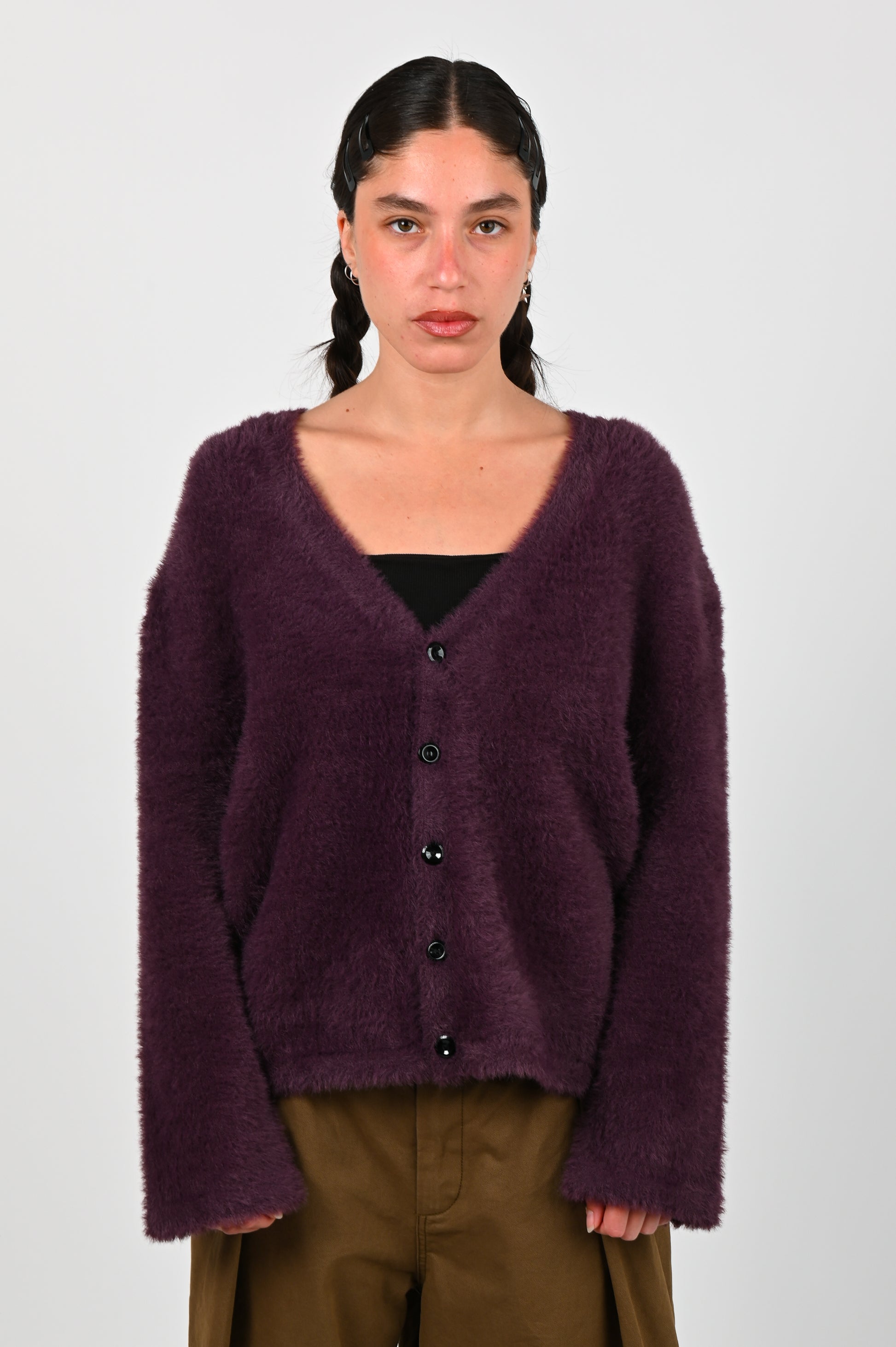 Checks Shaggy Cardigan In Plum