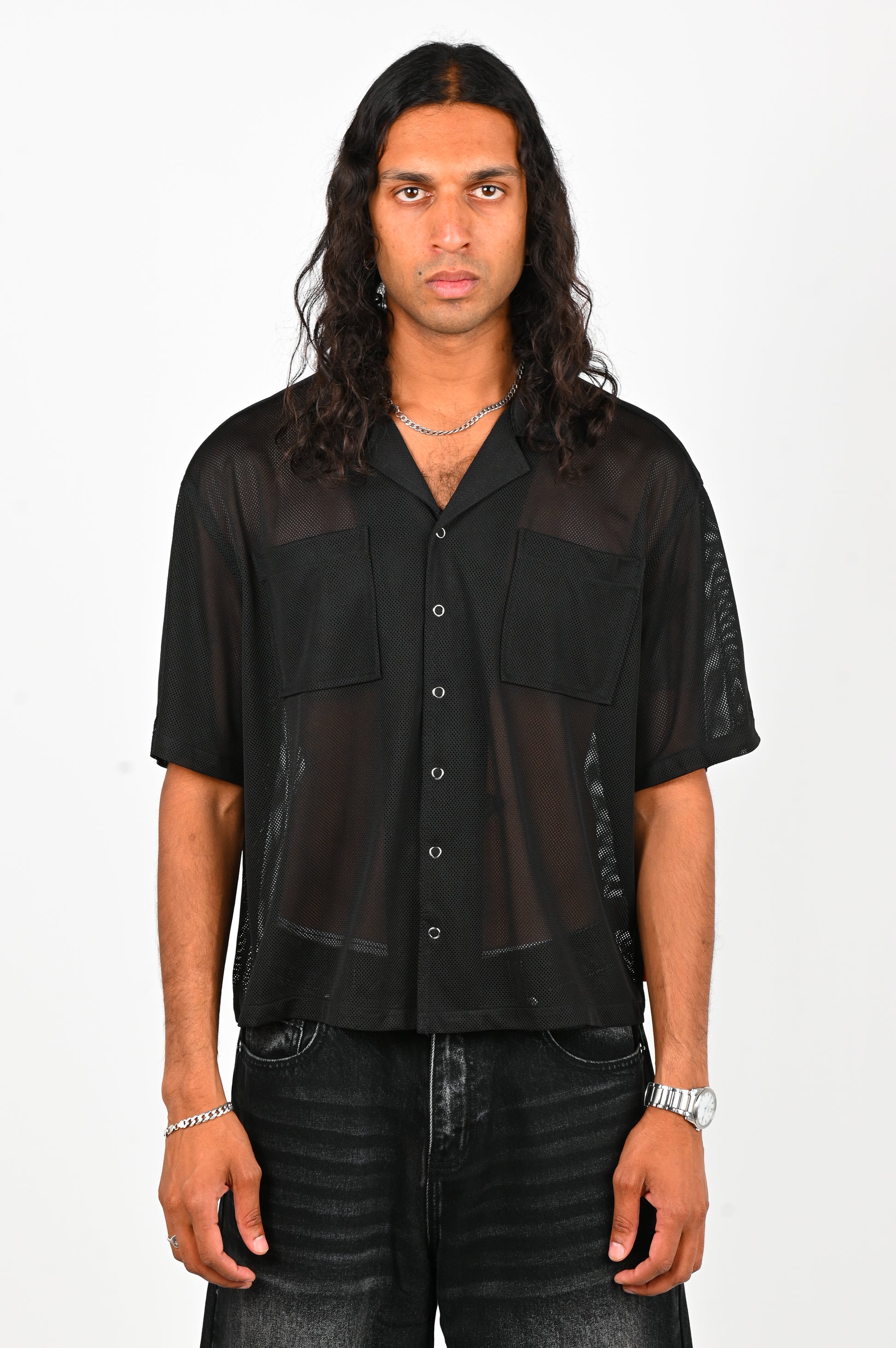 Checks Mesh Snap Shirt in Black