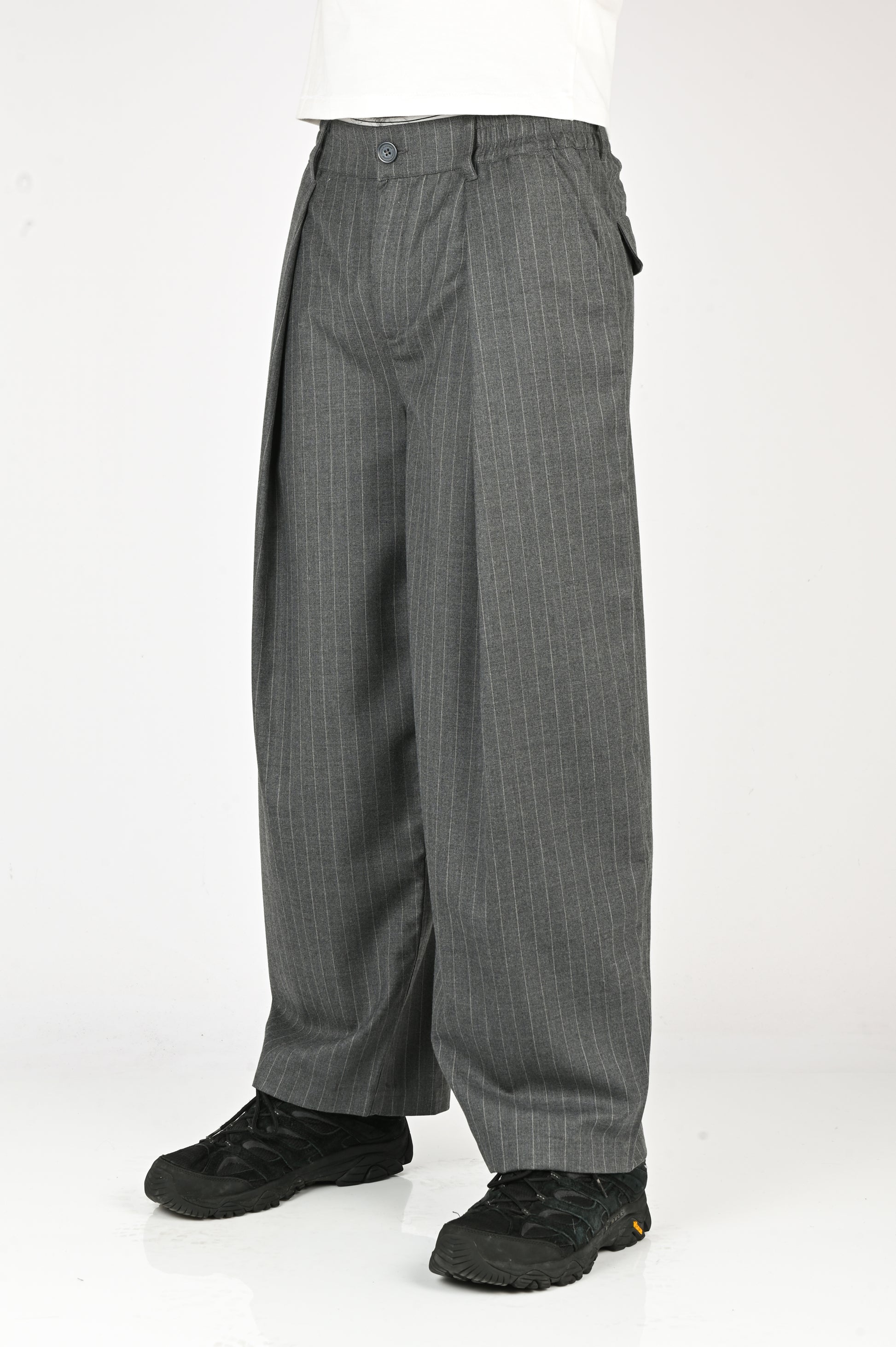 Checks 'Hakama' Pants in Charcoal Pinstripe