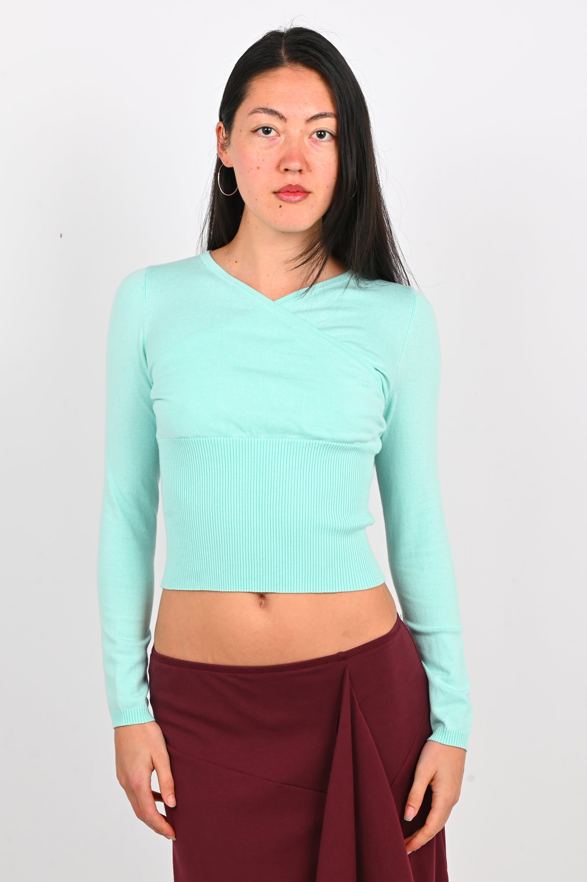 Olga Joan Mock Wrap Knit Top in Seafoam