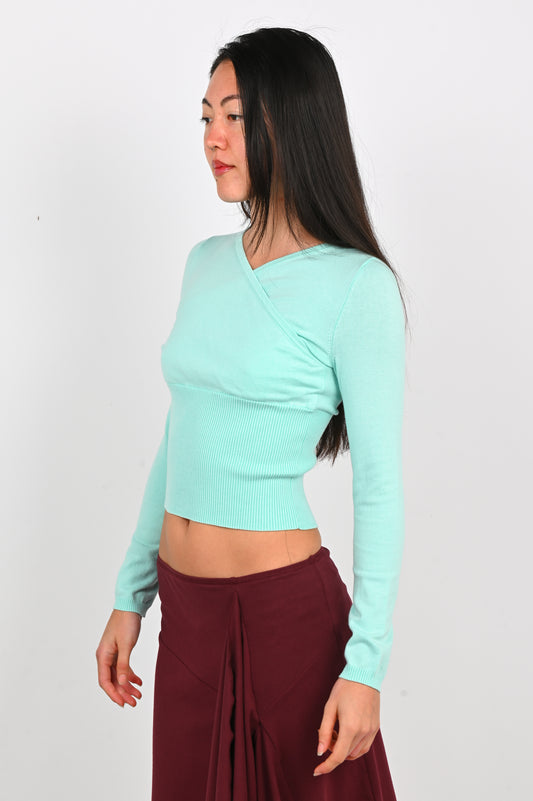 Olga Joan Mock Wrap Knit Top in Seafoam