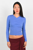 Olga Joan Mock Wrap Knit Top in Cerulean