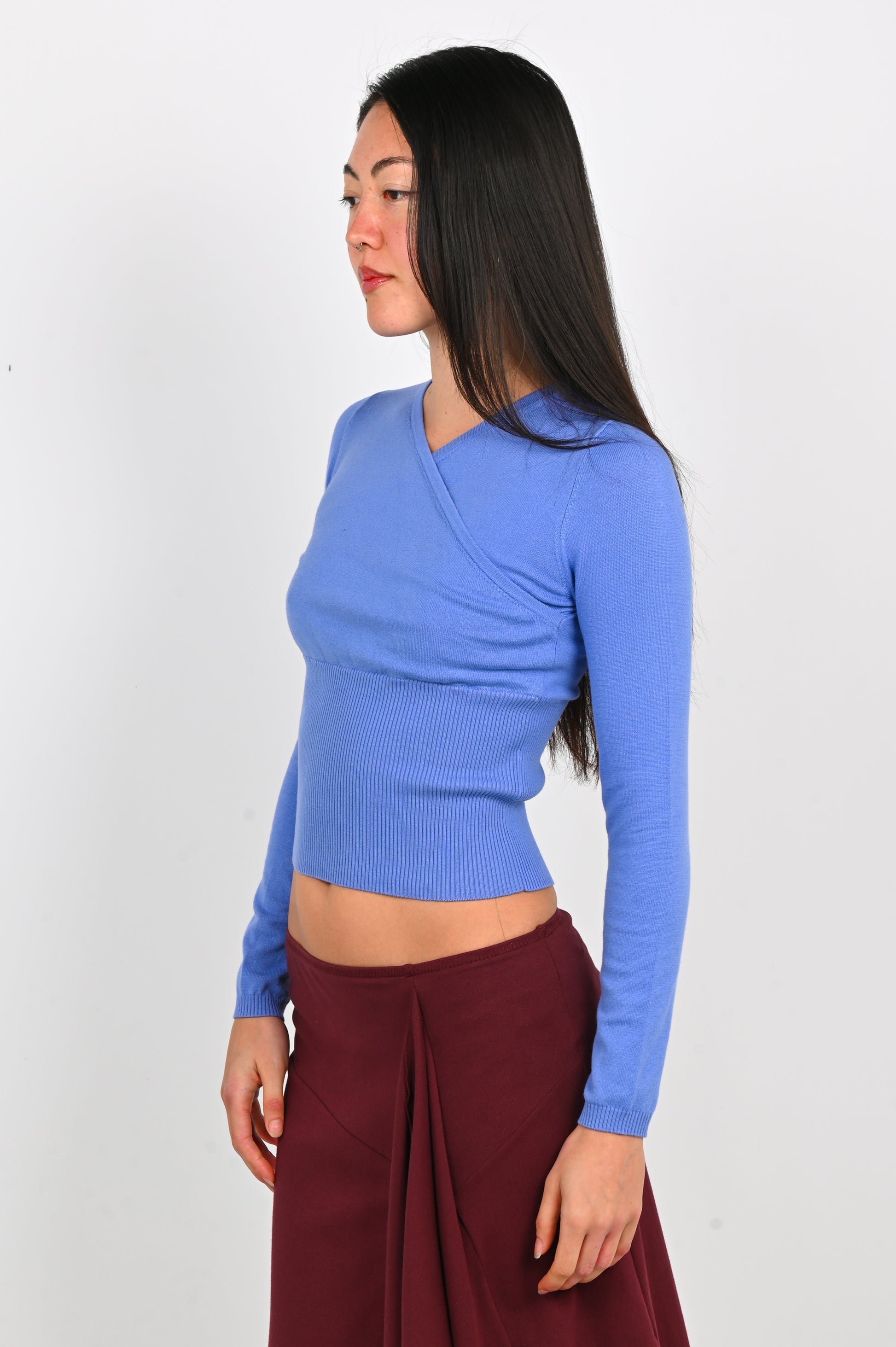 Olga Joan Mock Wrap Knit Top in Cerulean