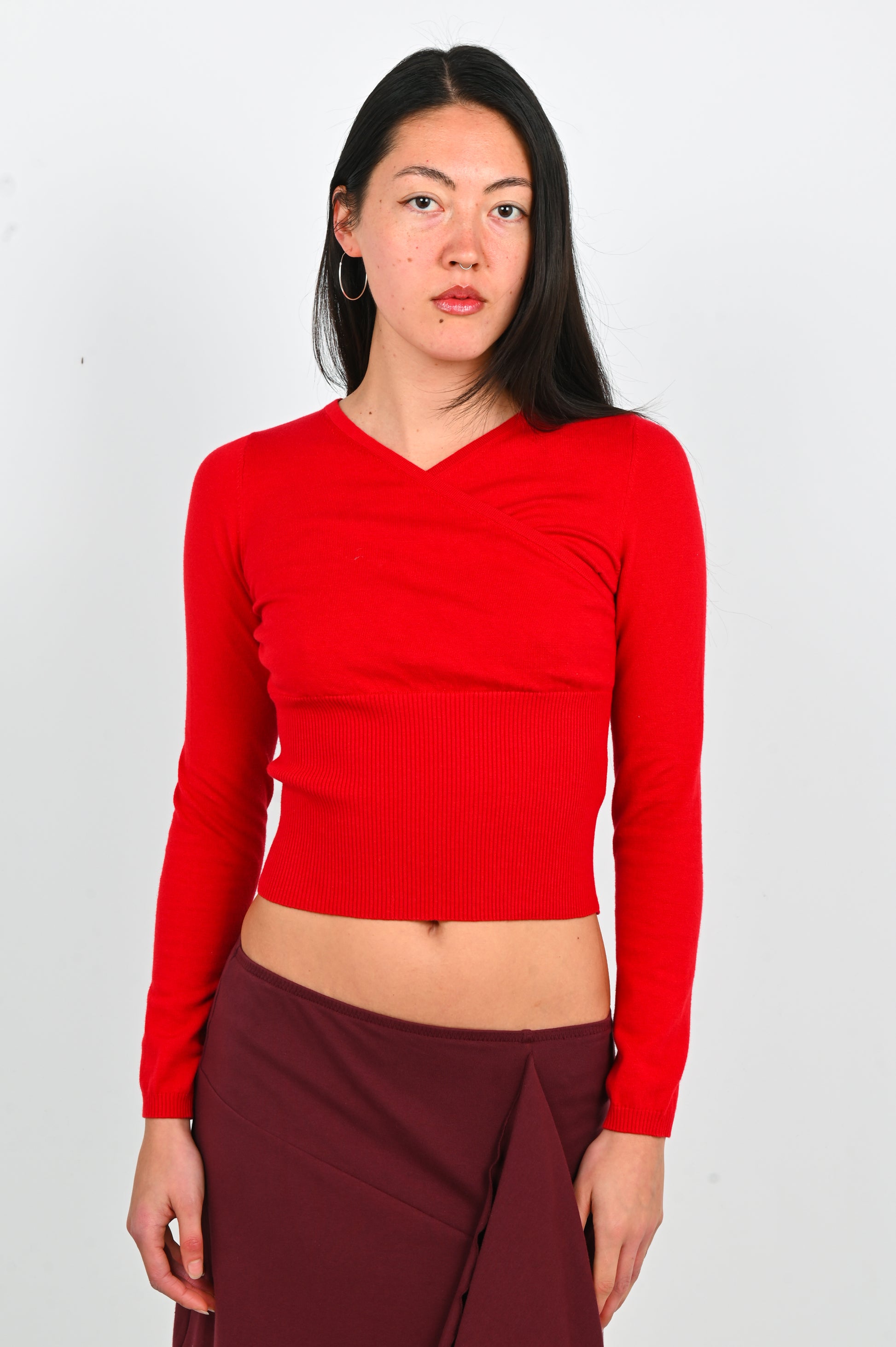 Olga Joan Mock Wrap Knit Top in Rossa