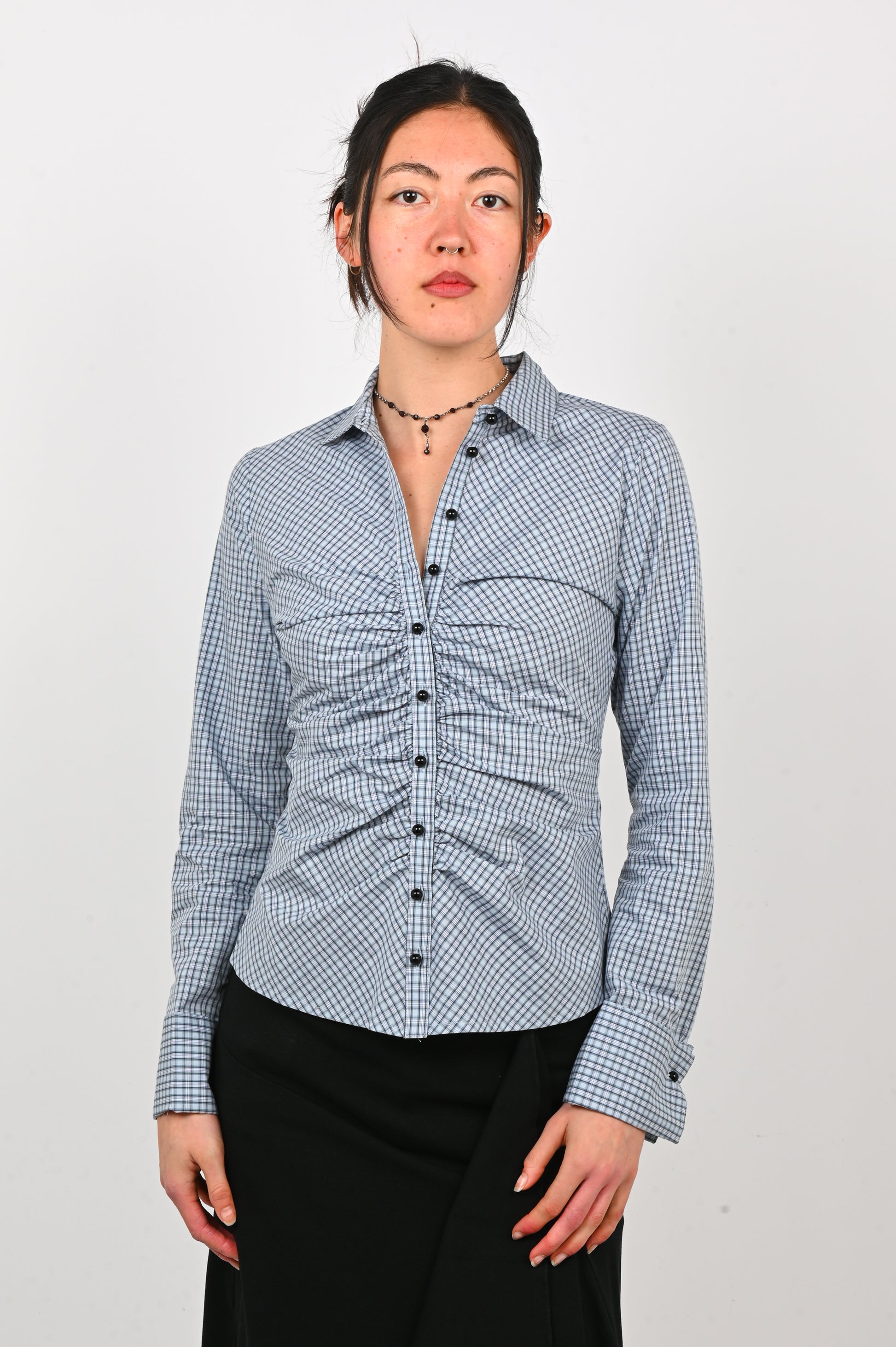 Olga Joan Ruched Shirt in Cielo Check
