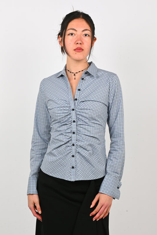 Olga Joan Ruched Shirt in Cielo Check