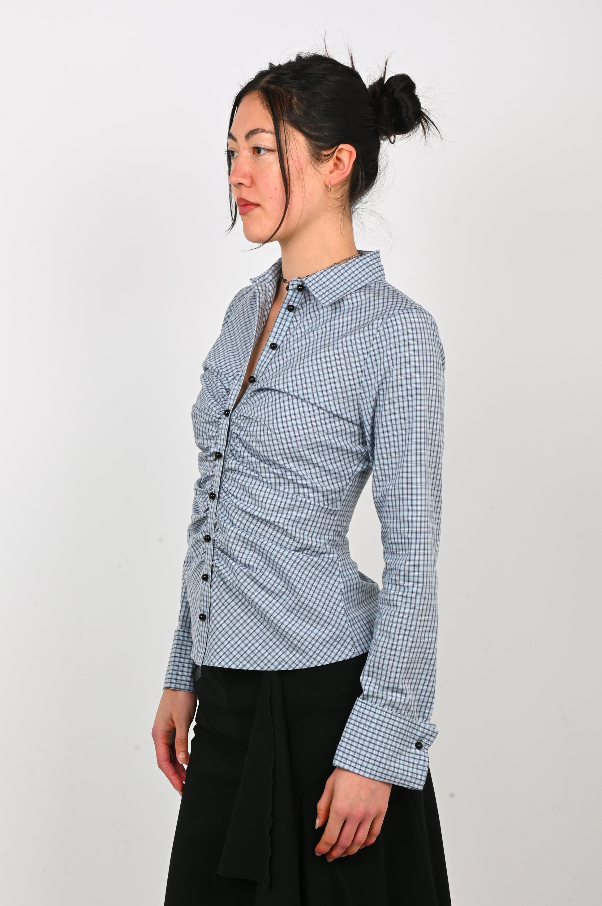 Olga Joan Ruched Shirt in Cielo Check