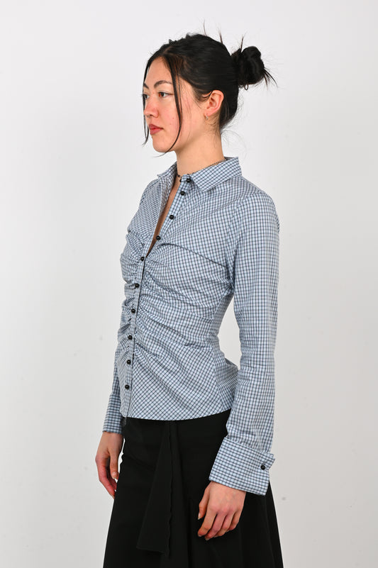 Olga Joan Ruched Shirt in Cielo Check