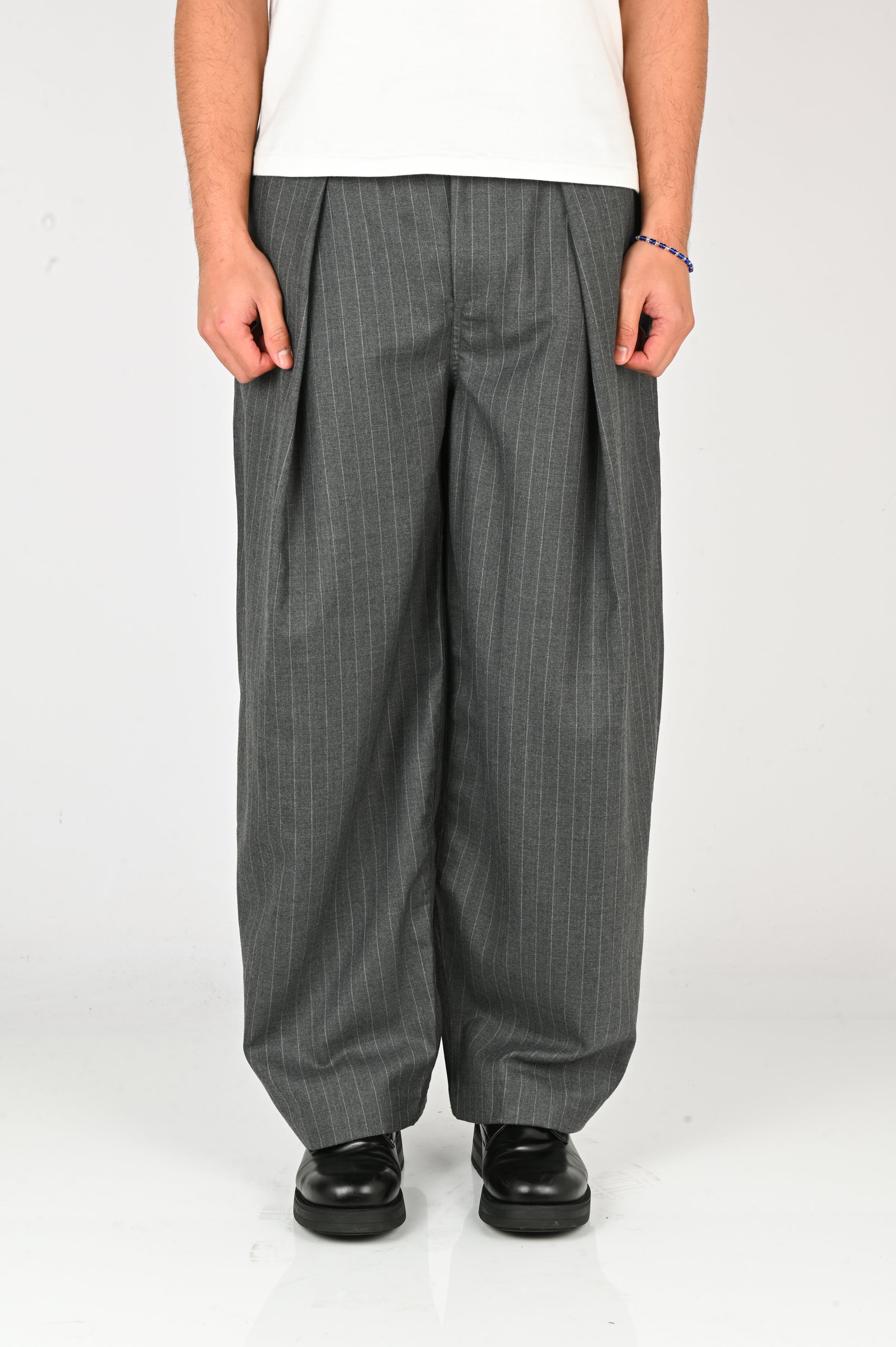 Checks 'Hakama' Pants in Charcoal Pinstripe