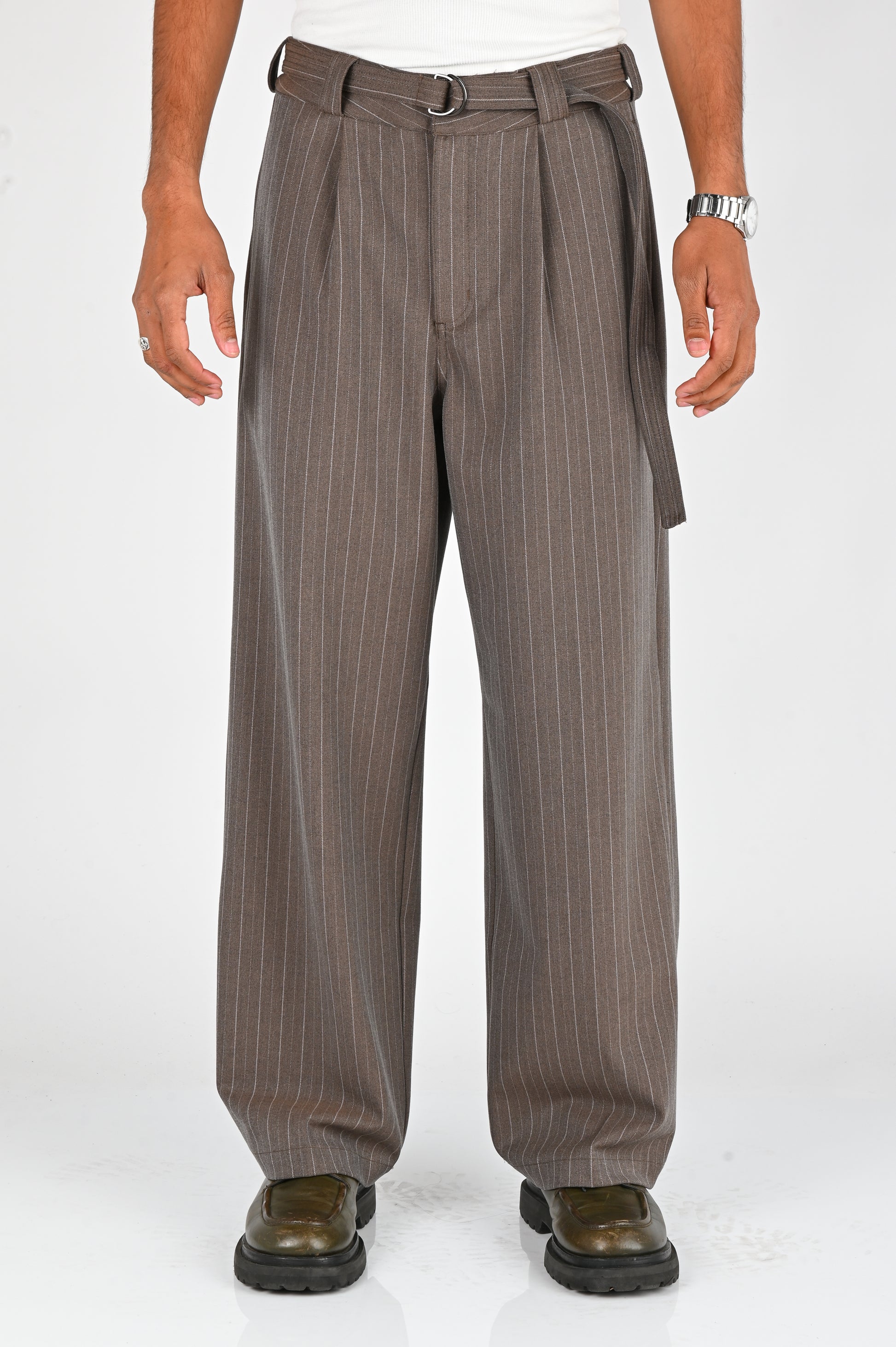 Beach Brains Pleated Suit Pant in Chocolate Pinstripe
