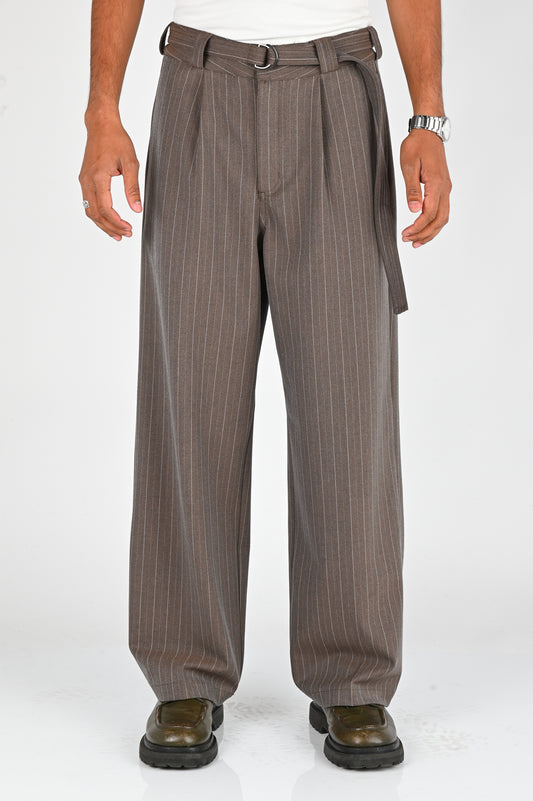 Beach Brains Pleated Suit Pant in Chocolate Pinstripe
