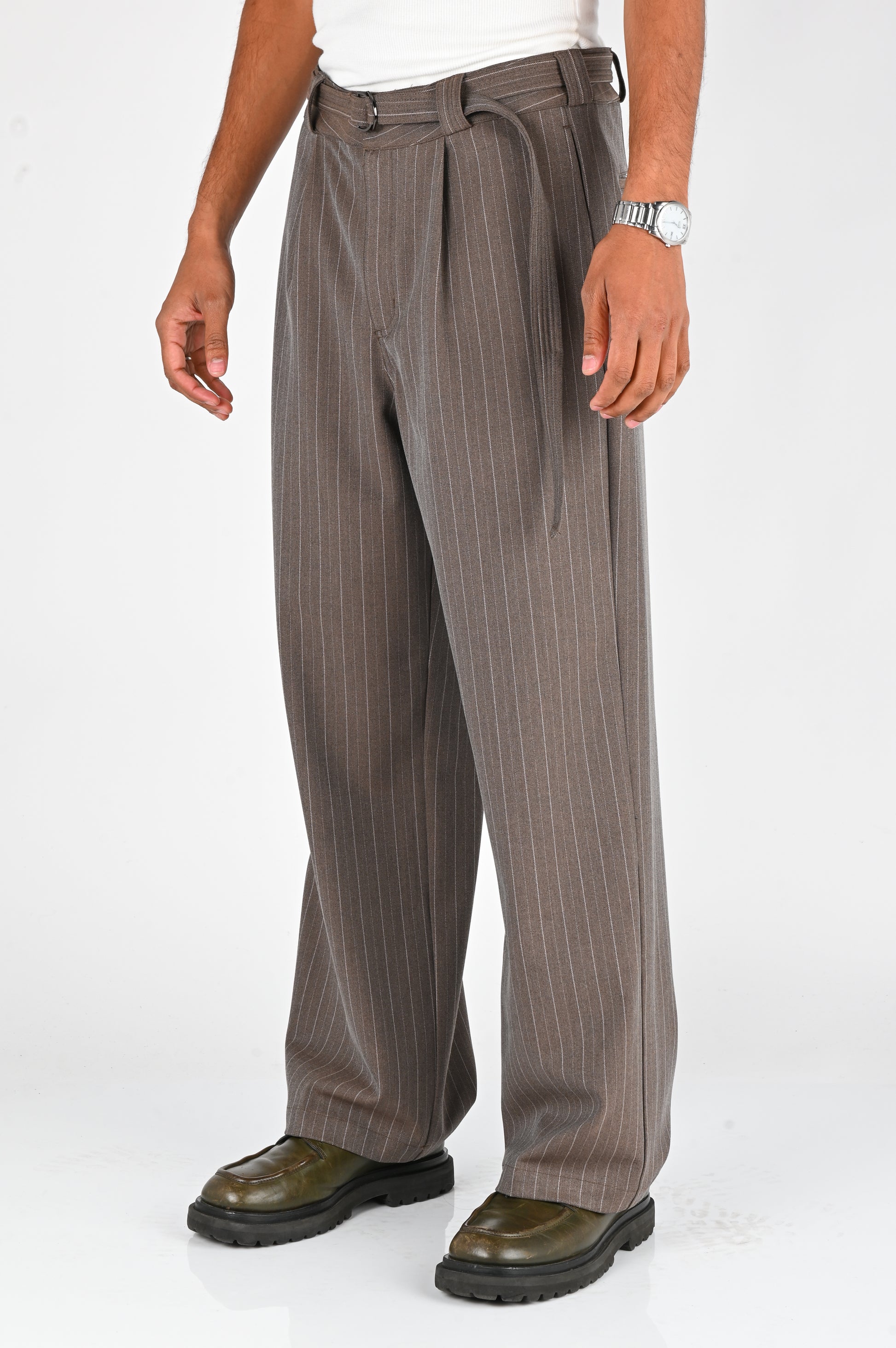Beach Brains Pleated Suit Pant in Chocolate Pinstripe