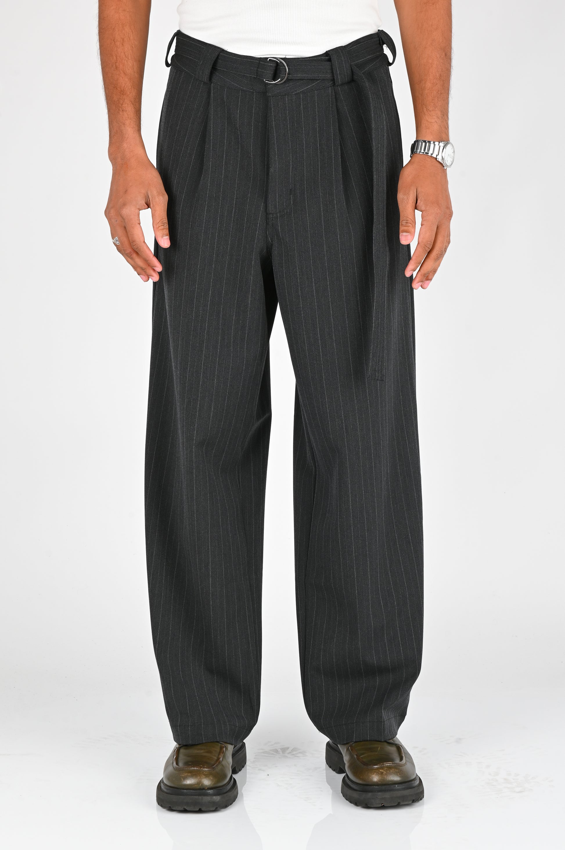 Beach Brains Pleated Suit Pant in Charcoal Pinstripe
