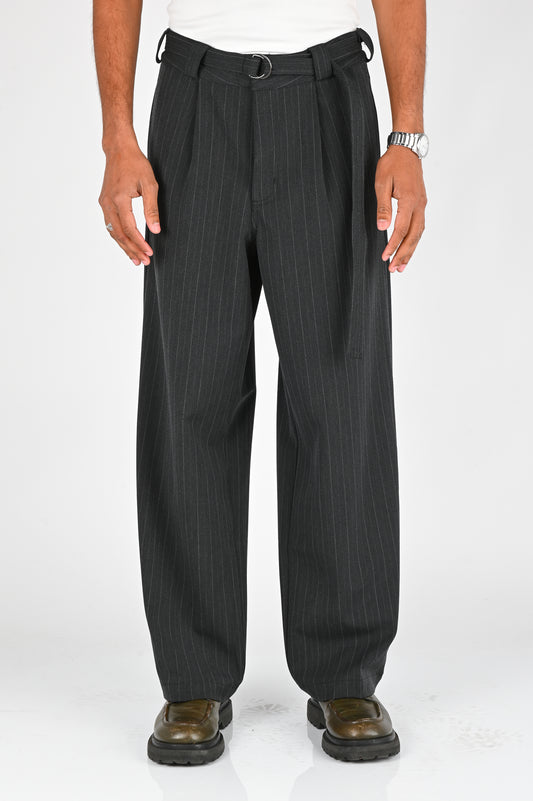 Beach Brains Pleated Suit Pant in Charcoal Pinstripe