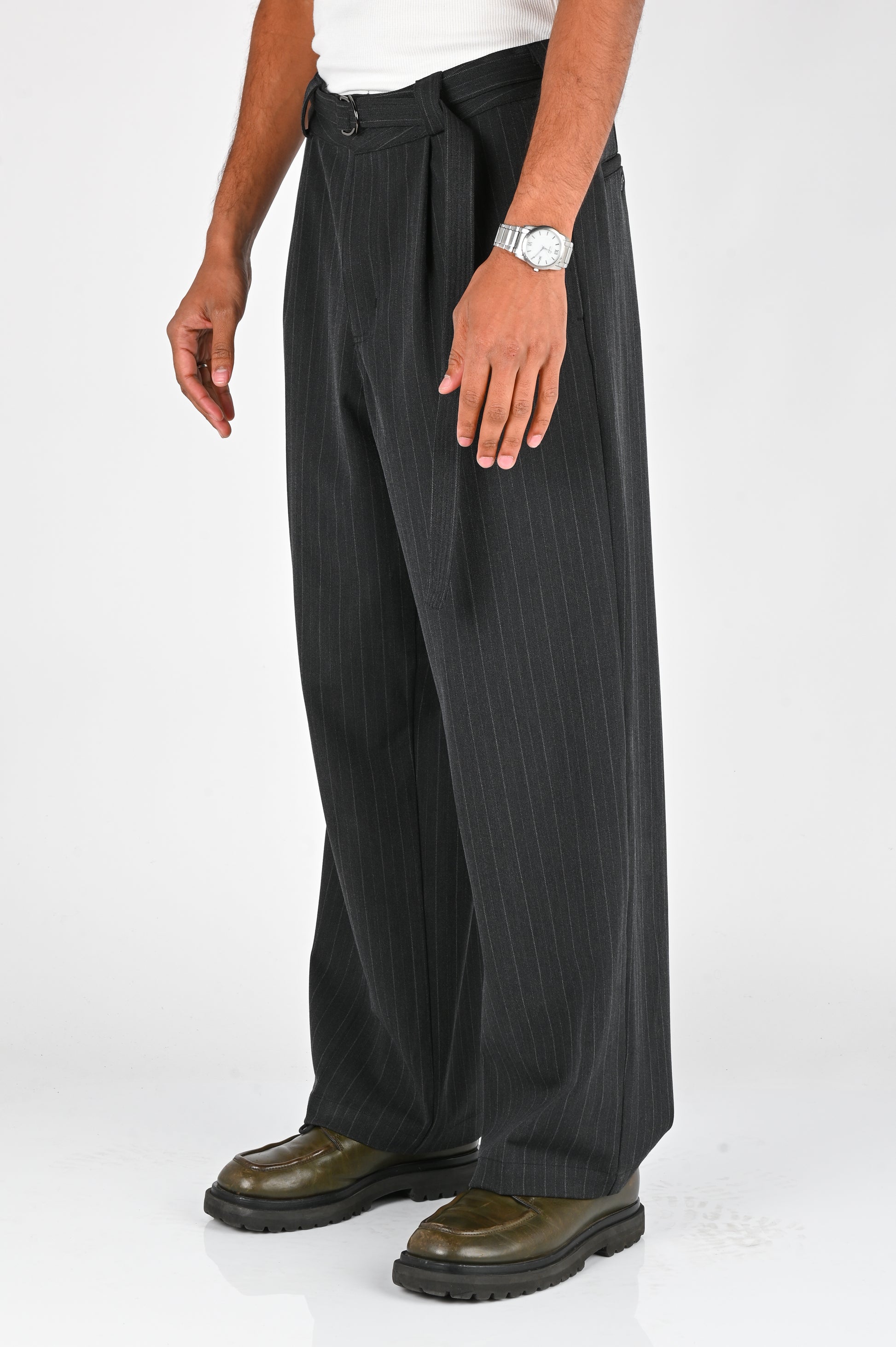 Beach Brains Pleated Suit Pant in Charcoal Pinstripe