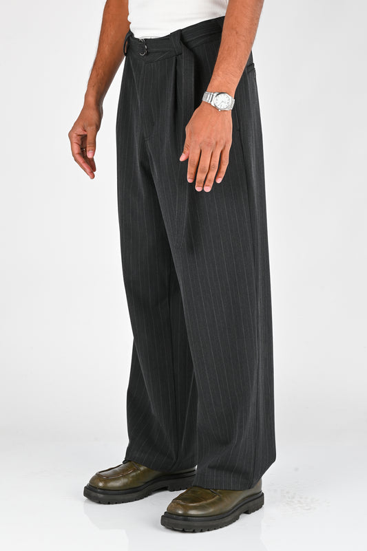 Beach Brains Pleated Suit Pant in Charcoal Pinstripe