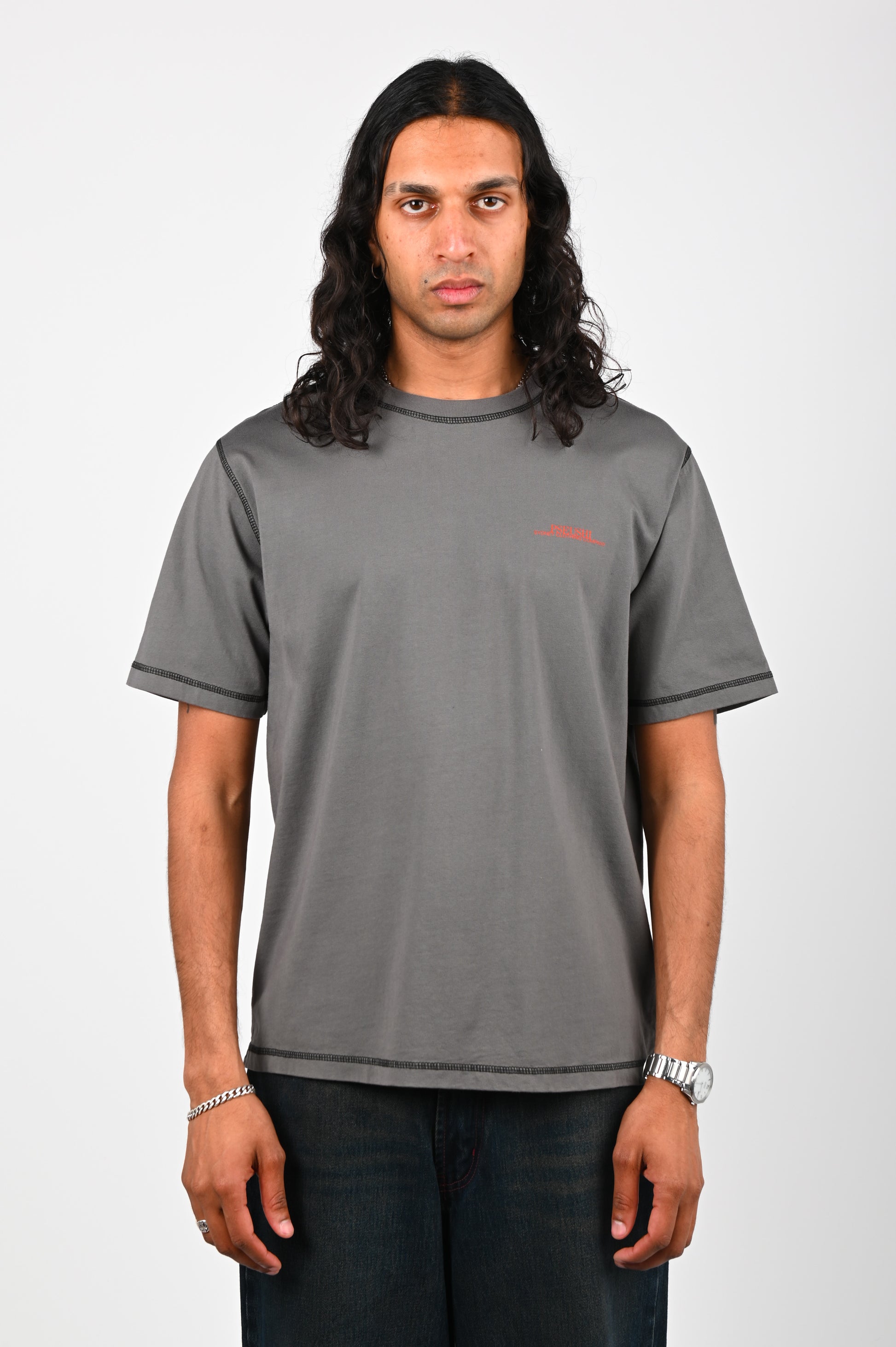 Pseushi Contrast Stitch Tee in Warm Grey