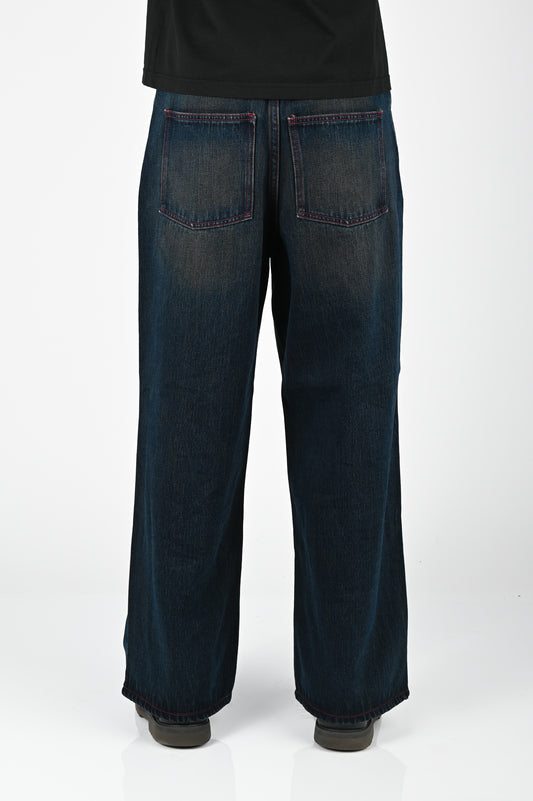 Pseushi Hand Brushed Loose Jeans in Mud Indigo