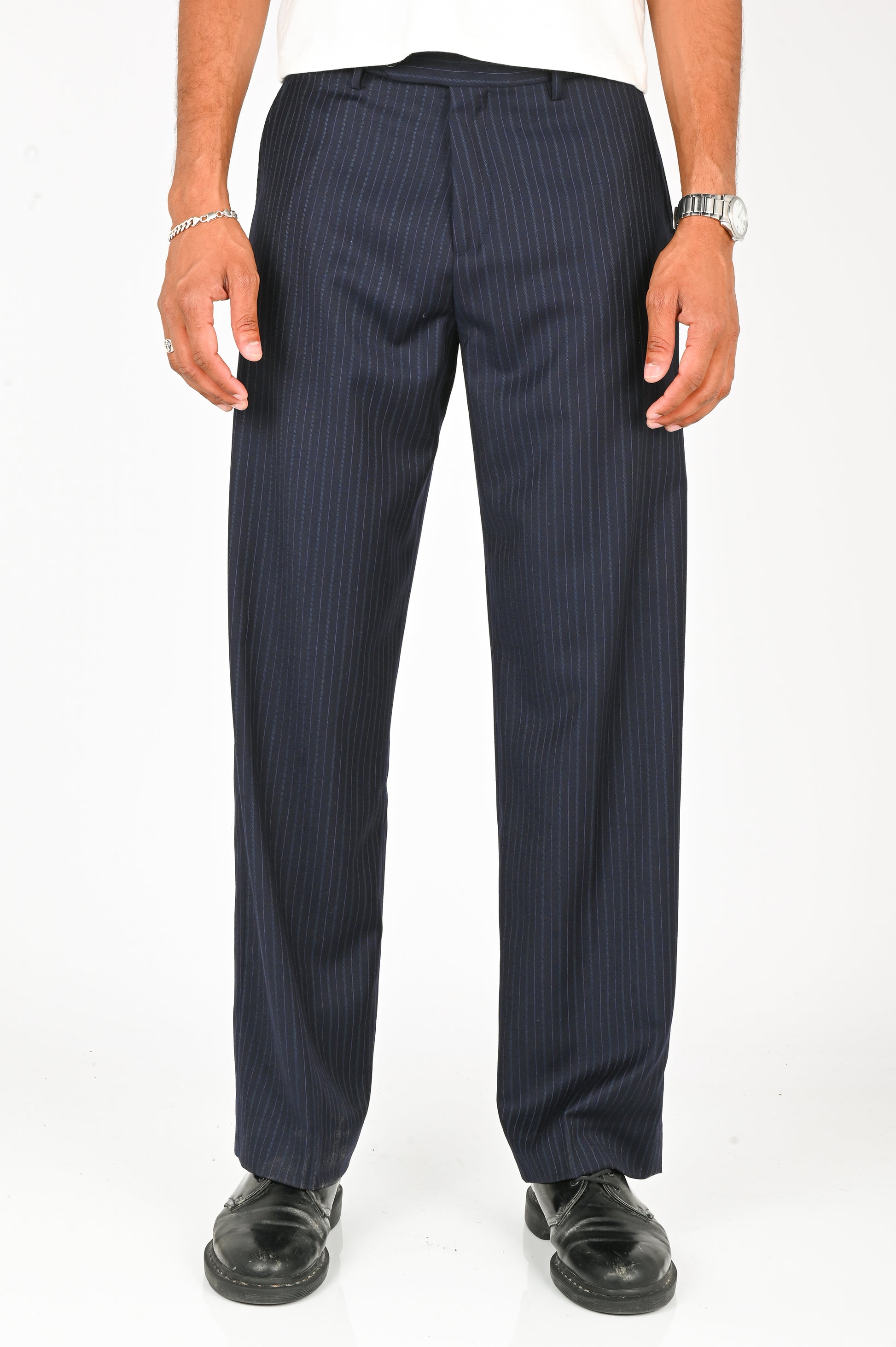 Wynn Hamlyn Straight Trouser in Navy Pinstripe