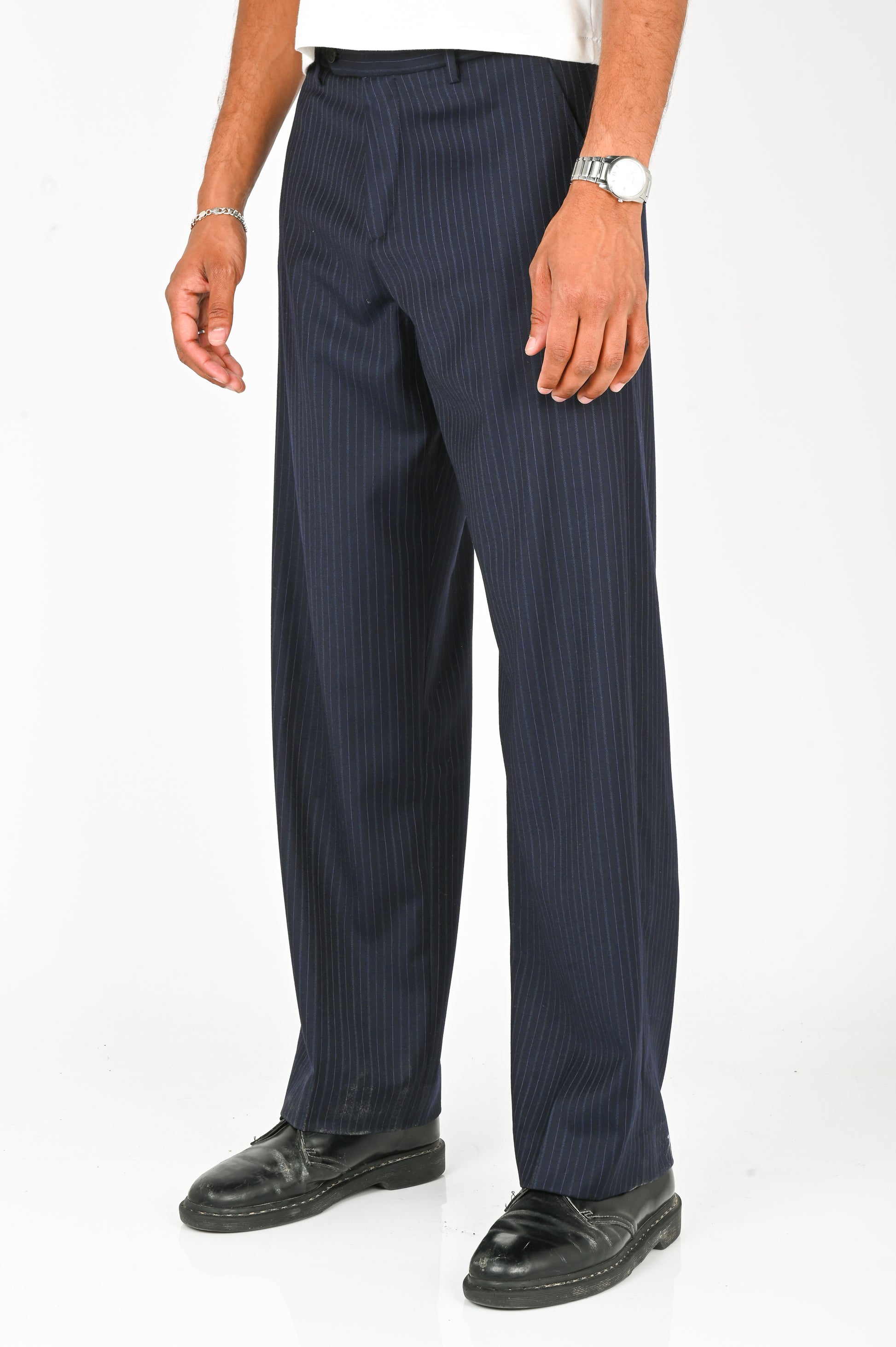 Wynn Hamlyn Straight Trouser in Navy Pinstripe