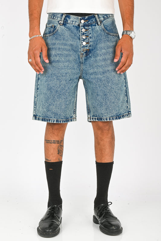 Wynn Hamlyn Button Fly Demin Shorts in Mid Dirty Wash