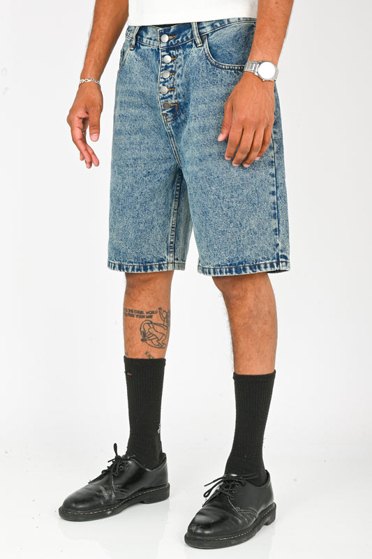 Wynn Hamlyn Button Fly Demin Shorts in Mid Dirty Wash