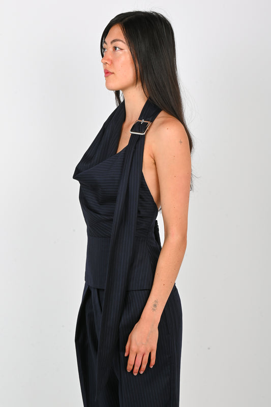 Wynn Hamlyn 'Catherine' Buckle Top in Navy Pinstripe