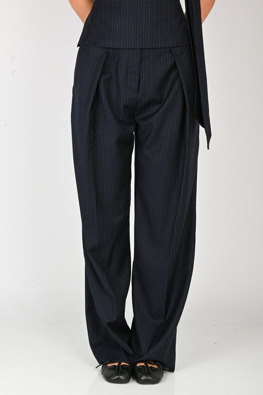 Wynn Hamlyn Pleat Front Trouser in Navy Pinstripe